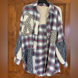 POL Patchwork Plaid Button-Up Shirt Jacket in Red, Blue, White